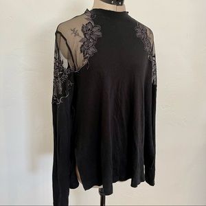 Free People Lace Embroidered Sleeve Top